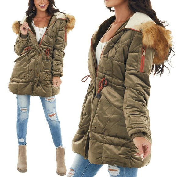 NEW Olive Green Velvet Faux Fur Hooded Soft Fur Lined Long Puffer Coat Jacket - Picture 9 of 10